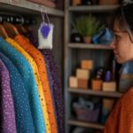 Une femme en chemise à pois regarde une rangée de chemises à pois colorées suspendues dans une armoire. Certaines étagères contiennent de petites boîtes et un sachet décoratif est suspendu à proximité.