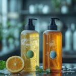 Deux bouteilles à pompe de savon liquide sur un comptoir humide avec une orange coupée en deux et des feuilles de menthe, placées dans un environnement de cuisine faiblement éclairé.