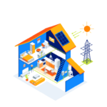Illustration en coupe d'une maison à deux étages avec des panneaux solaires alimentés par EDF ENR, présentant une cuisine, un salon, des chambres et une buanderie.