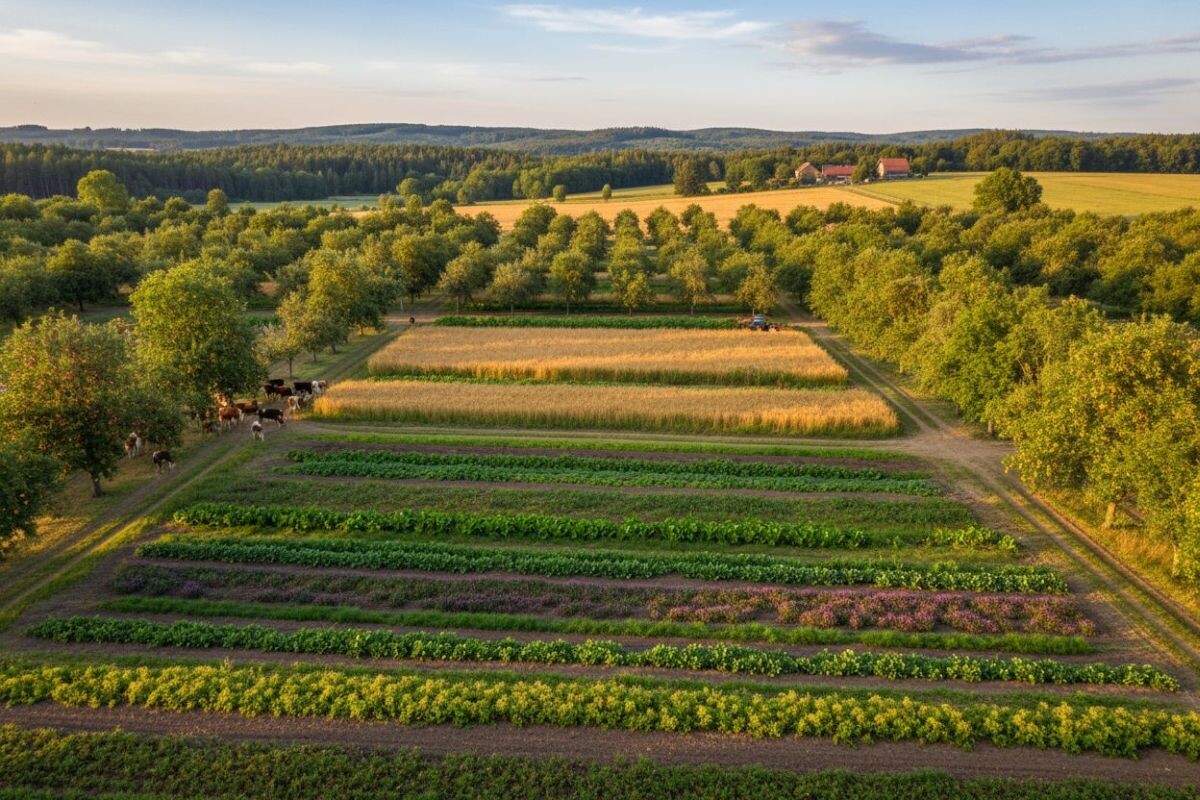Vue aérienne d'une ferme pratiquant l'agroforesterie, avec les rangées de cultures, la forêt environnante, les vaches en pâturage à gauche, et les champs s'étendant à l'horizon sous un ciel partiellement nuageux.
