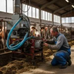 Un homme s'agenouille pour réparer des machines agricoles à l'intérieur d'une grange, exerçant la fonction de responsable de la maintenance, tandis que plusieurs vaches dans des stalles mangent du foin le long d'un côté.