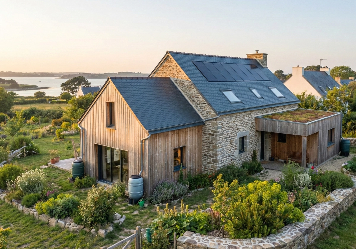 Une maison moderne en Bretagne avec un extérieur en pierre et en bois, des panneaux solaires sur le toit et un jardin paysager, située dans une zone rurale près de l'eau parfait pour ceux qui recherchent des engagements écoresponsables.